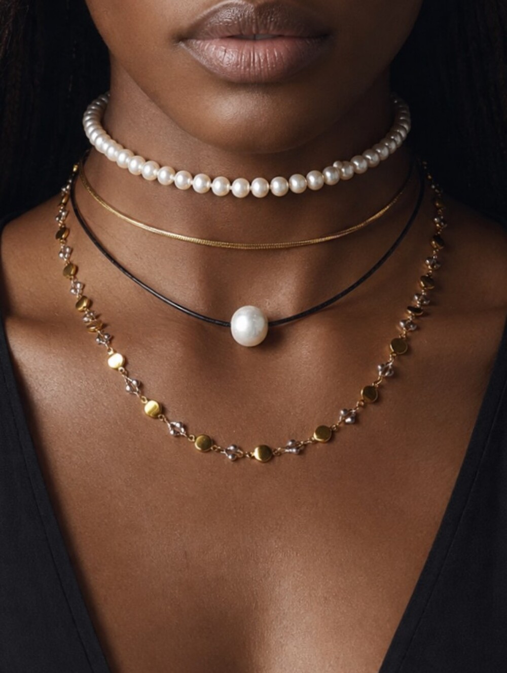 14K Gold Plated Chain Clasp Large Natural Pearl Genuine Black Leather